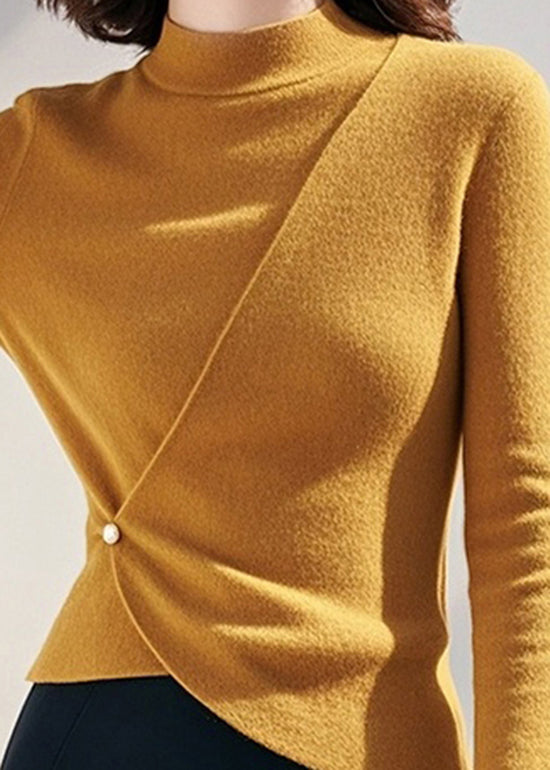 Women Yellow Half High Neck Asymmetrical Knit Sweaters Spring