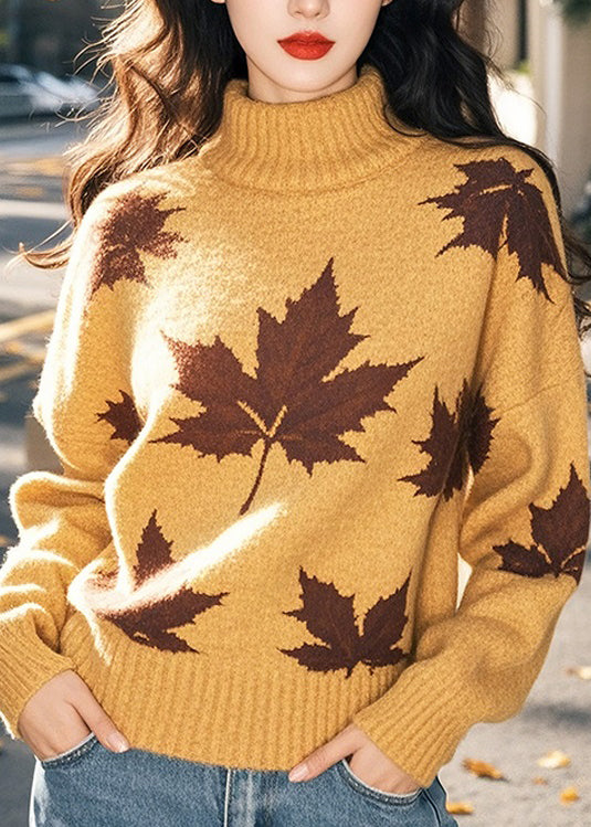 Women Yellow Hign Neck Thick Print Knit Sweaters Winter