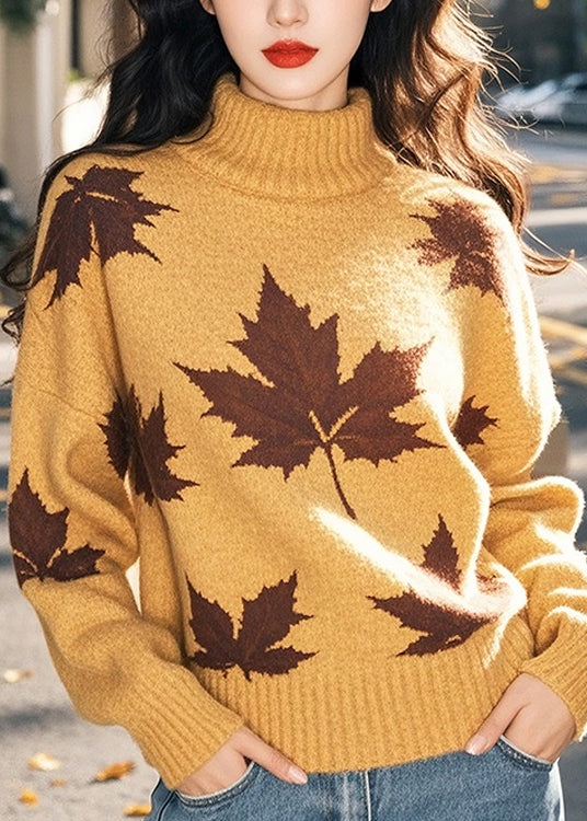 Women Yellow Hign Neck Thick Print Knit Sweaters Winter