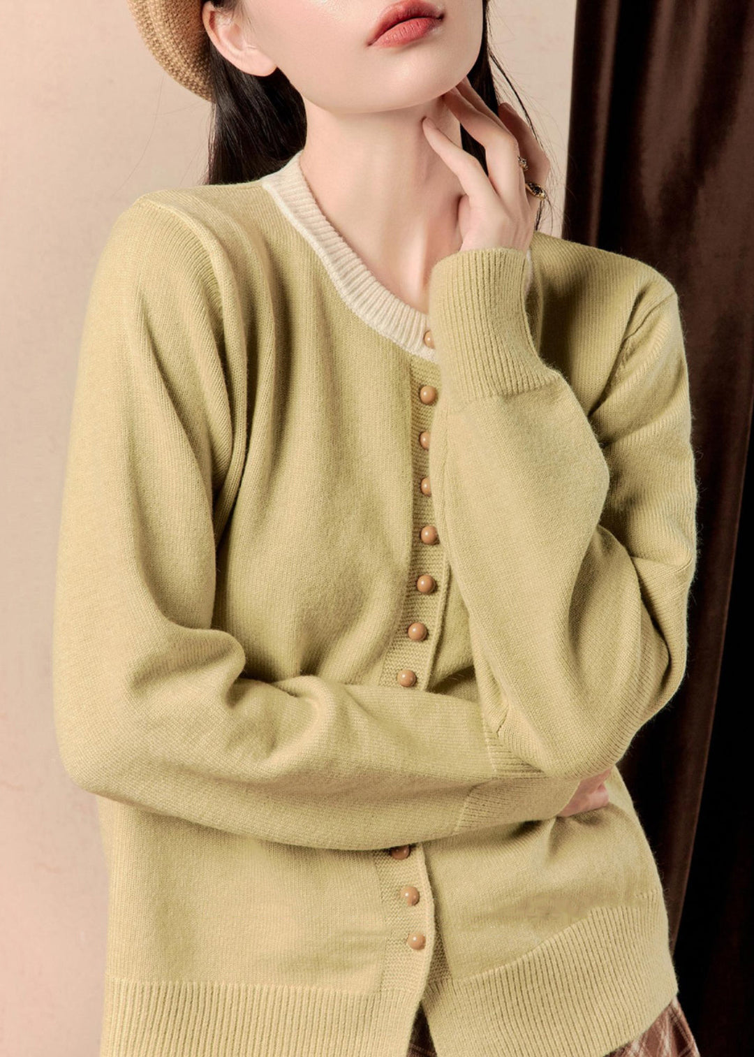 Women Yellow O Neck Button Knit Coats Winter