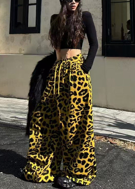 Women Yellow Oversized Leopard Print Warm Fleece Pants Spring