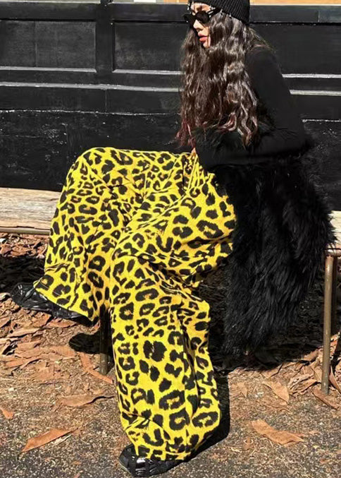 Women Yellow Oversized Leopard Print Warm Fleece Pants Spring