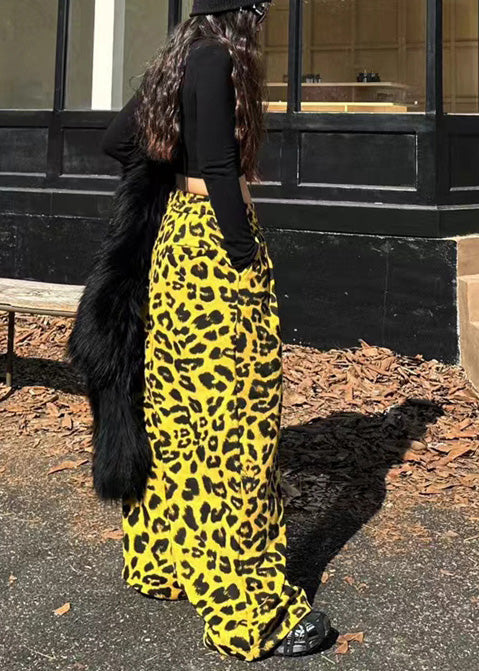 Women Yellow Oversized Leopard Print Warm Fleece Pants Spring