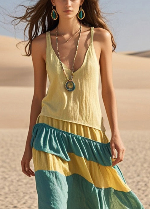 Women Yellow Patchwork Cotton Sundress Summer