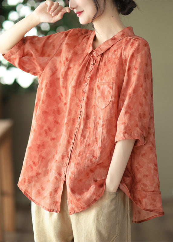 Women Yellow Peter Pan Collar Print Linen Shirt Tops Summer