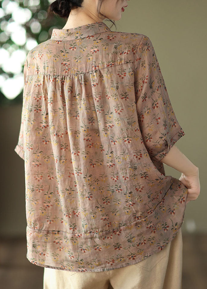 Women Yellow Peter Pan Collar Print Linen Shirt Tops Summer