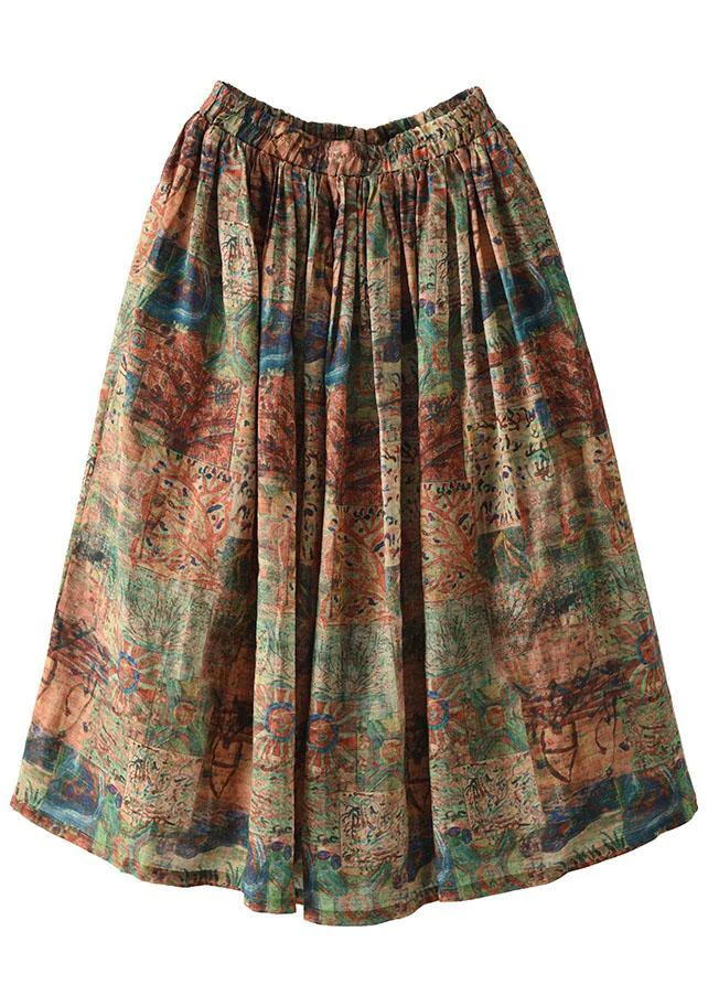 Women Brown-tree Print Ramie Elastic Waist Skirt