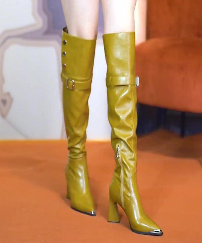 Yellow Chunky Heel Faux Leather Chic Splicing Boots