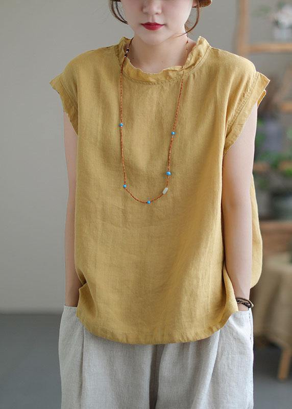 Yellow Drawstring Patchwork Summer Linen Tank Sleeveless