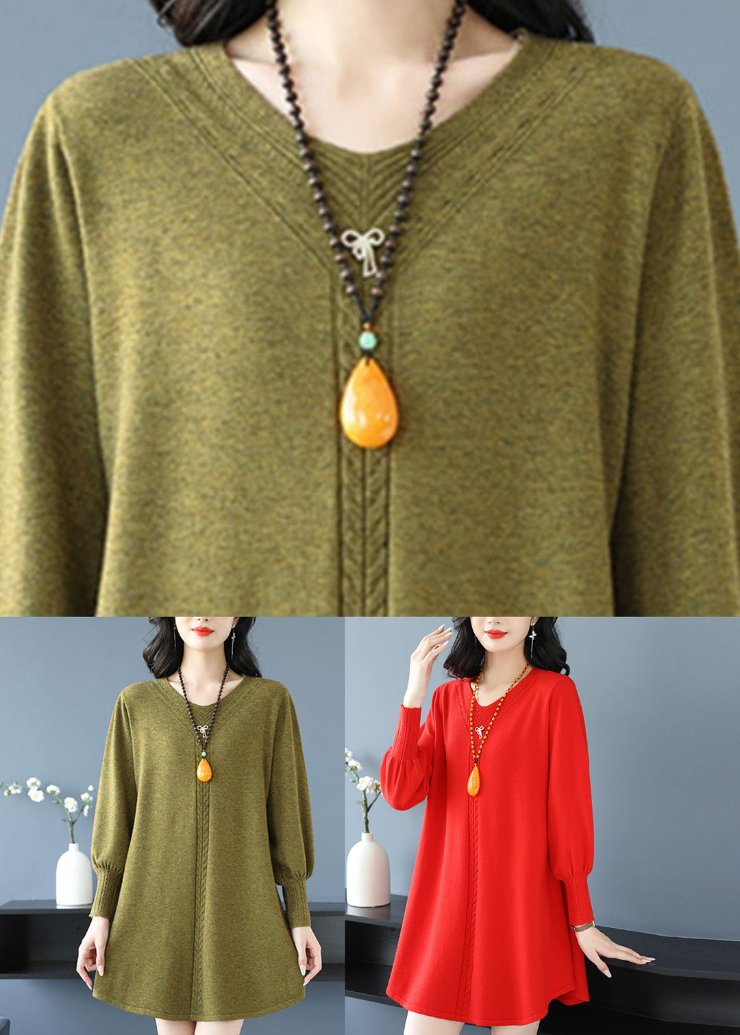 Yellow Green V Neck Cozy Cotton Knit Sweater