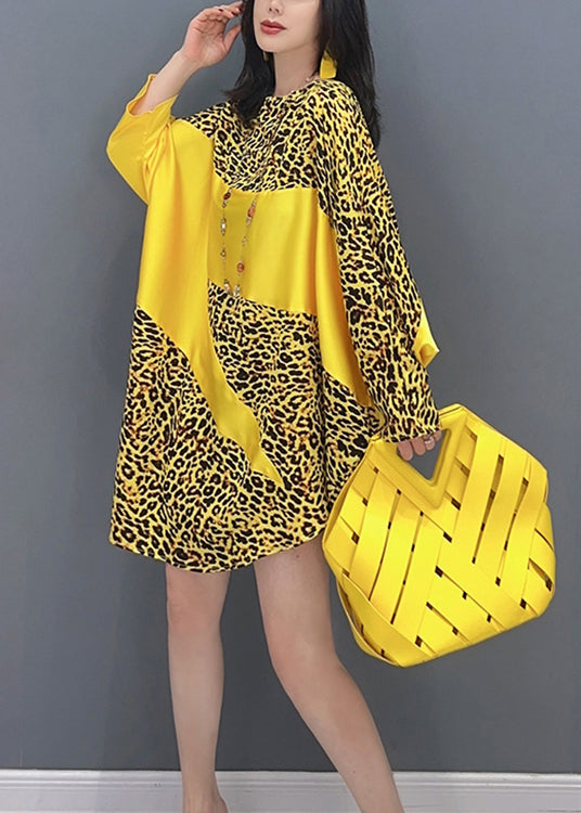 Yellow Leopard Patchwork Long Dresses Long Sleeve