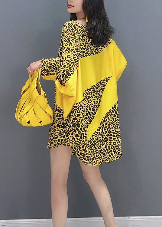 Yellow Leopard Patchwork Long Dresses Long Sleeve