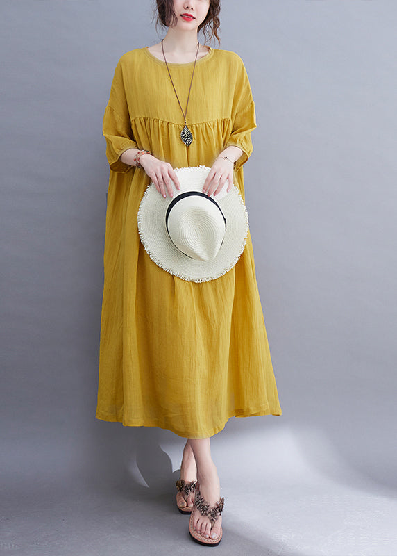 Yellow O-Neck Wrinkled Maxi Dress Half Sleeve