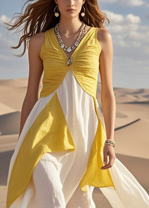 Yellow Patchwork Cotton Cami Dresses Asymmetrical Summer