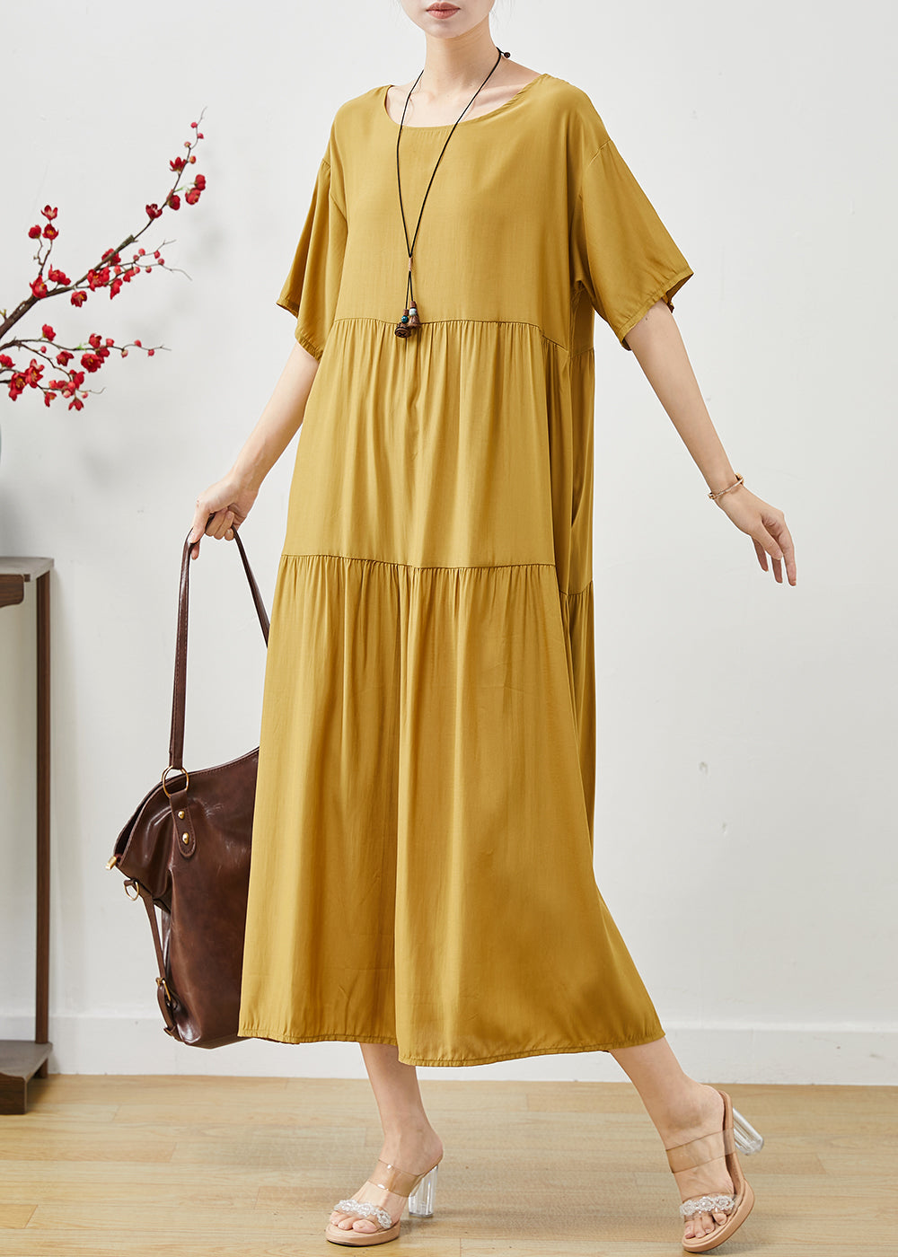 Yellow Patchwork Cotton Maxi Dresses Oversized Summer