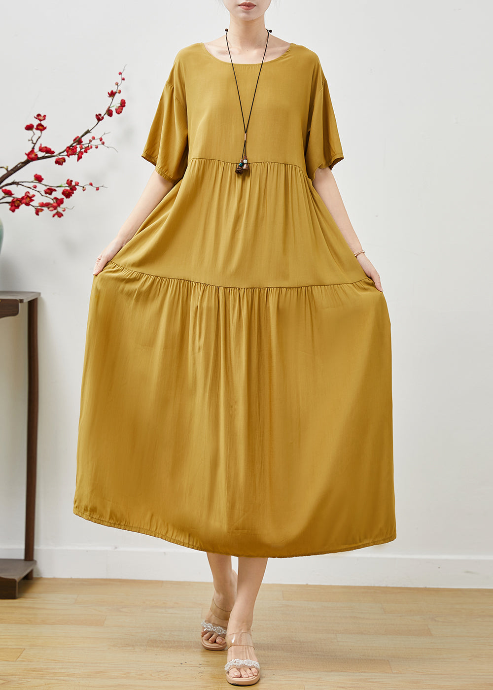 Yellow Patchwork Cotton Maxi Dresses Oversized Summer