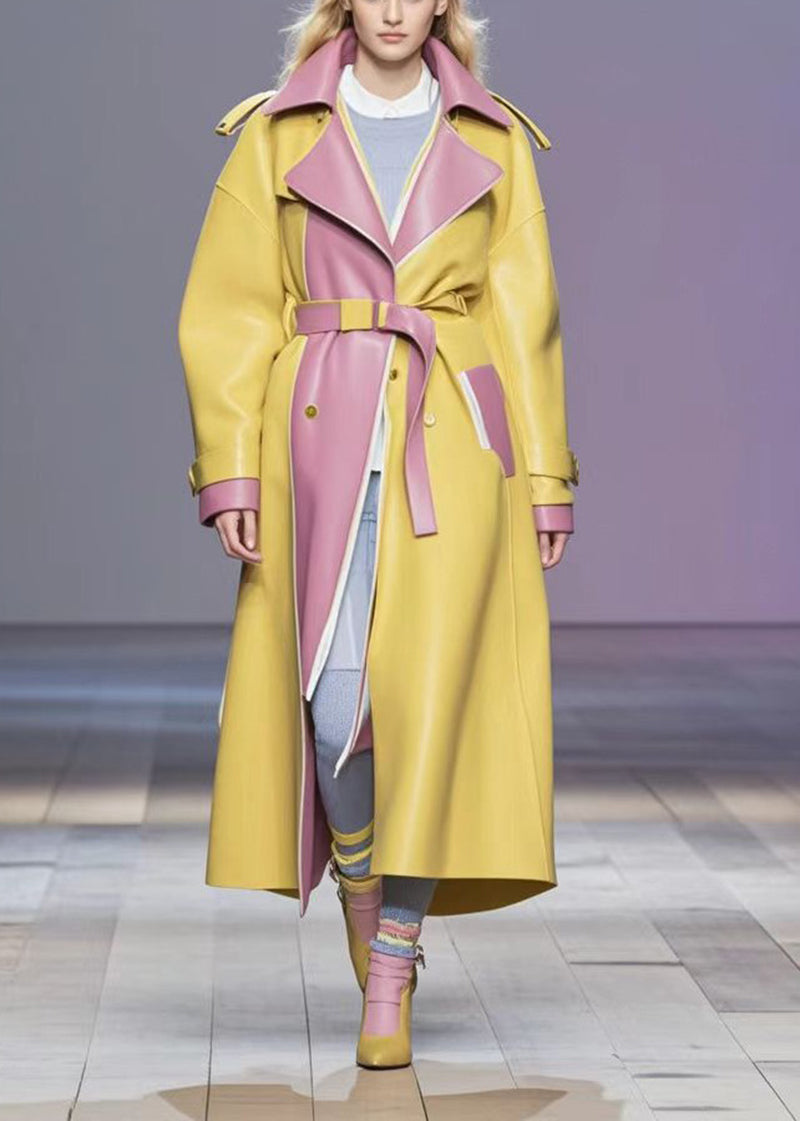 Yellow Patchwork Faux Leather Trench Cinched Fall