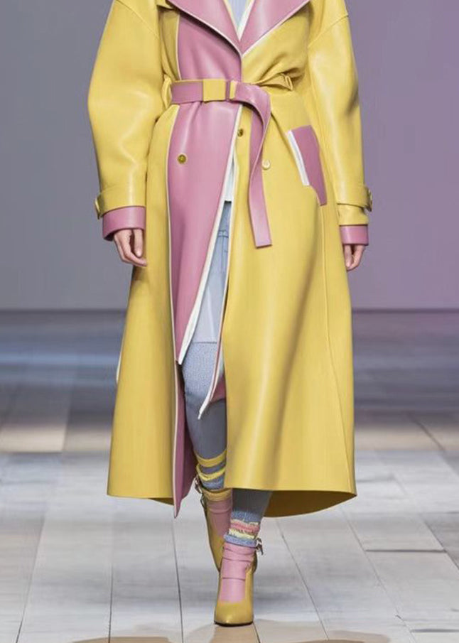 Yellow Patchwork Faux Leather Trench Cinched Fall