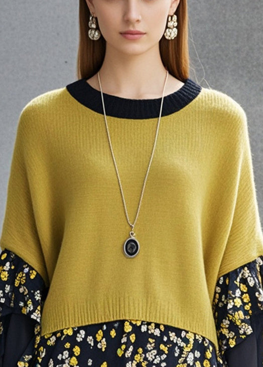 Yellow Patchwork Knit Sweaters Print Butterfly Sleeve