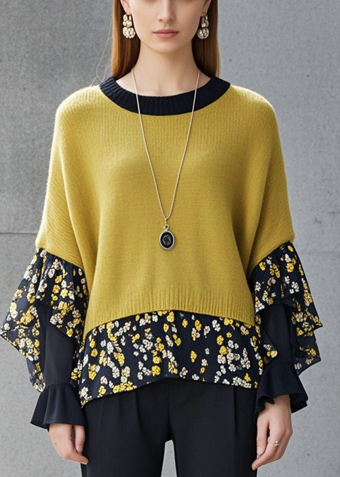 Yellow Patchwork Knit Sweaters Print Butterfly Sleeve