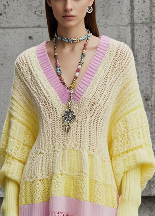 Yellow Patchwork Knitwear Dress V Neck Hollow Out Fall