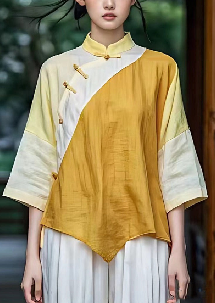 Yellow Patchwork Linen Chinese Style Top Asymmetrical Design Summer