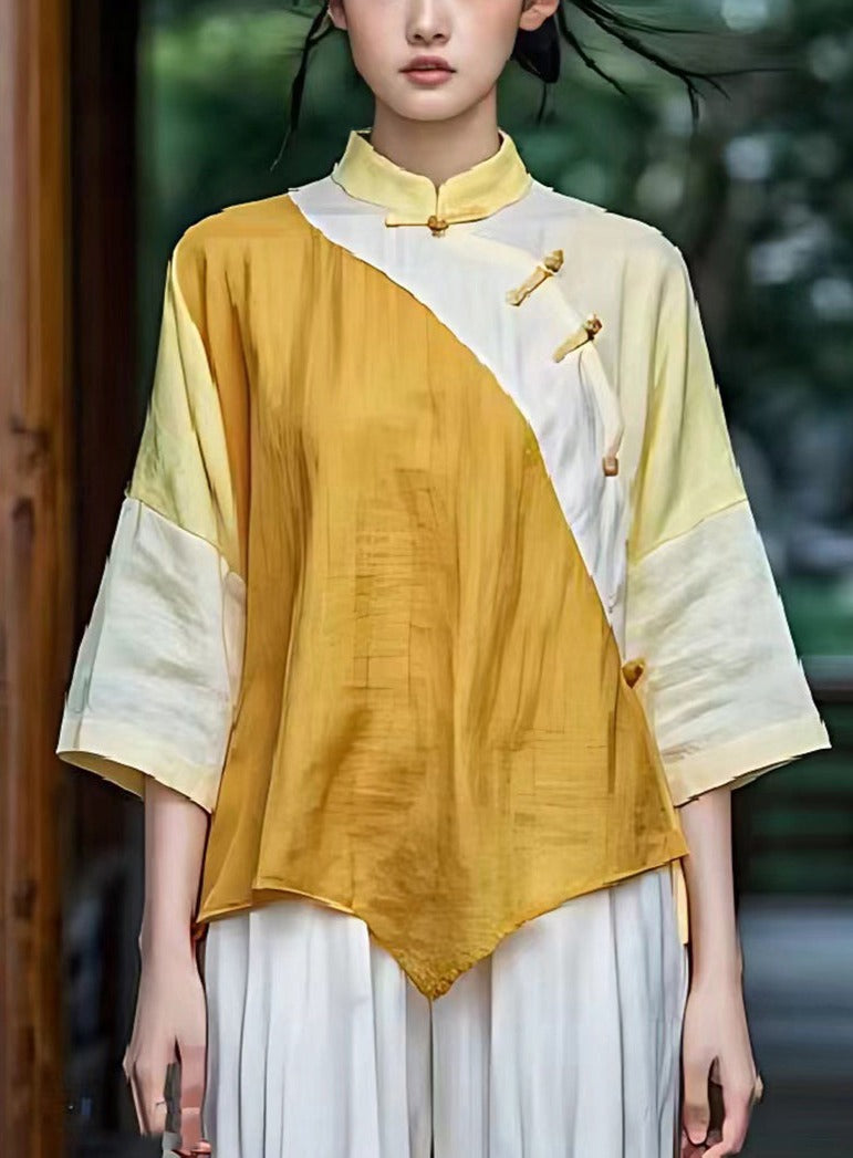 Yellow Patchwork Linen Chinese Style Top Asymmetrical Design Summer