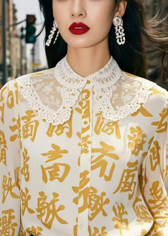 Yellow Print Chiffon Blouse Tops Bracelet Sleeve