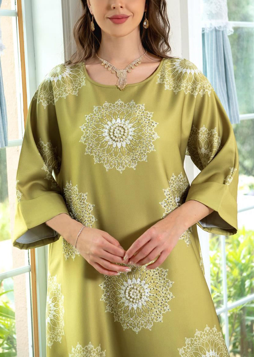 Yellow Print Cotton Long Dresses O Neck Half Sleeve