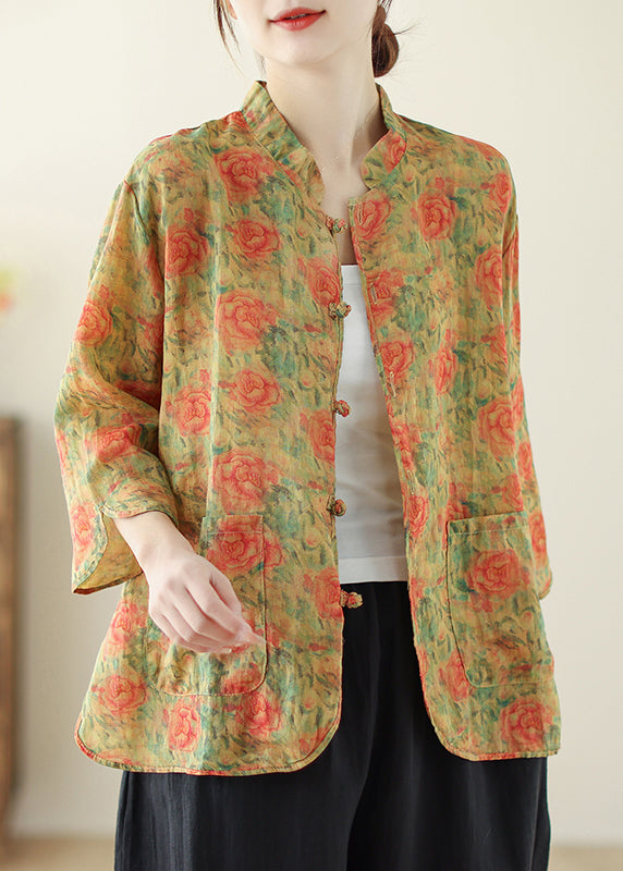 Yellow Print Linen Oriental Tops Pockets Spring