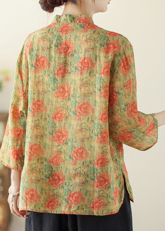 Yellow Print Linen Oriental Tops Pockets Spring