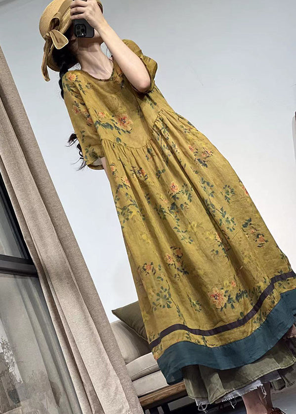 Yellow Print Linen Robe Dresses Exra Large Hem Summer