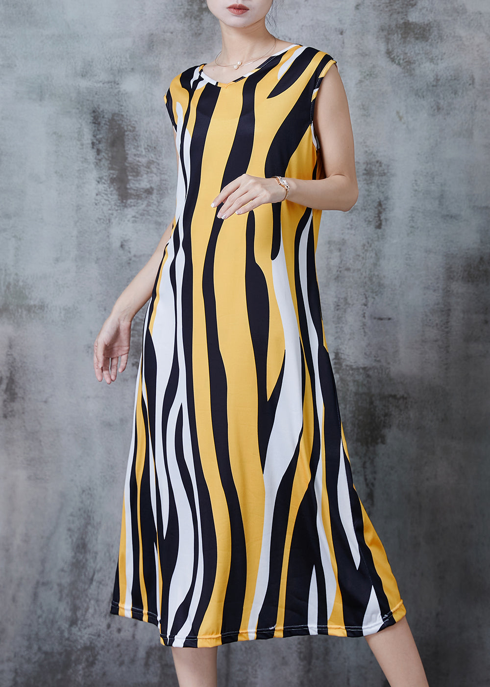 Yellow Striped Chiffon Holiday Dress Sleeveless