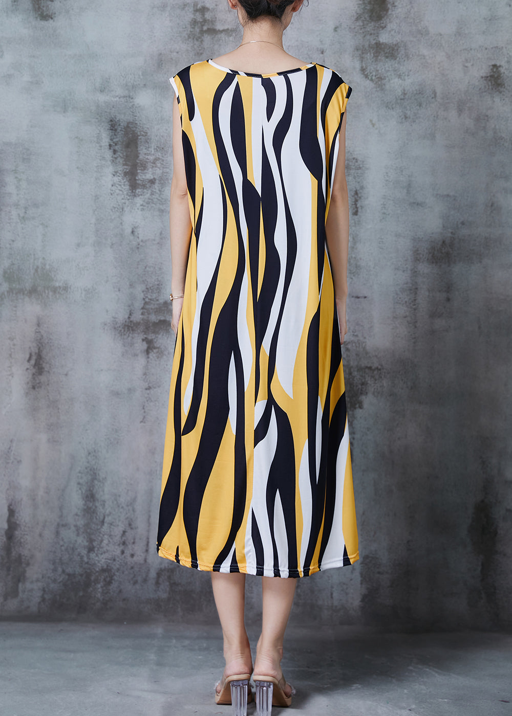 Yellow Striped Chiffon Holiday Dress Sleeveless