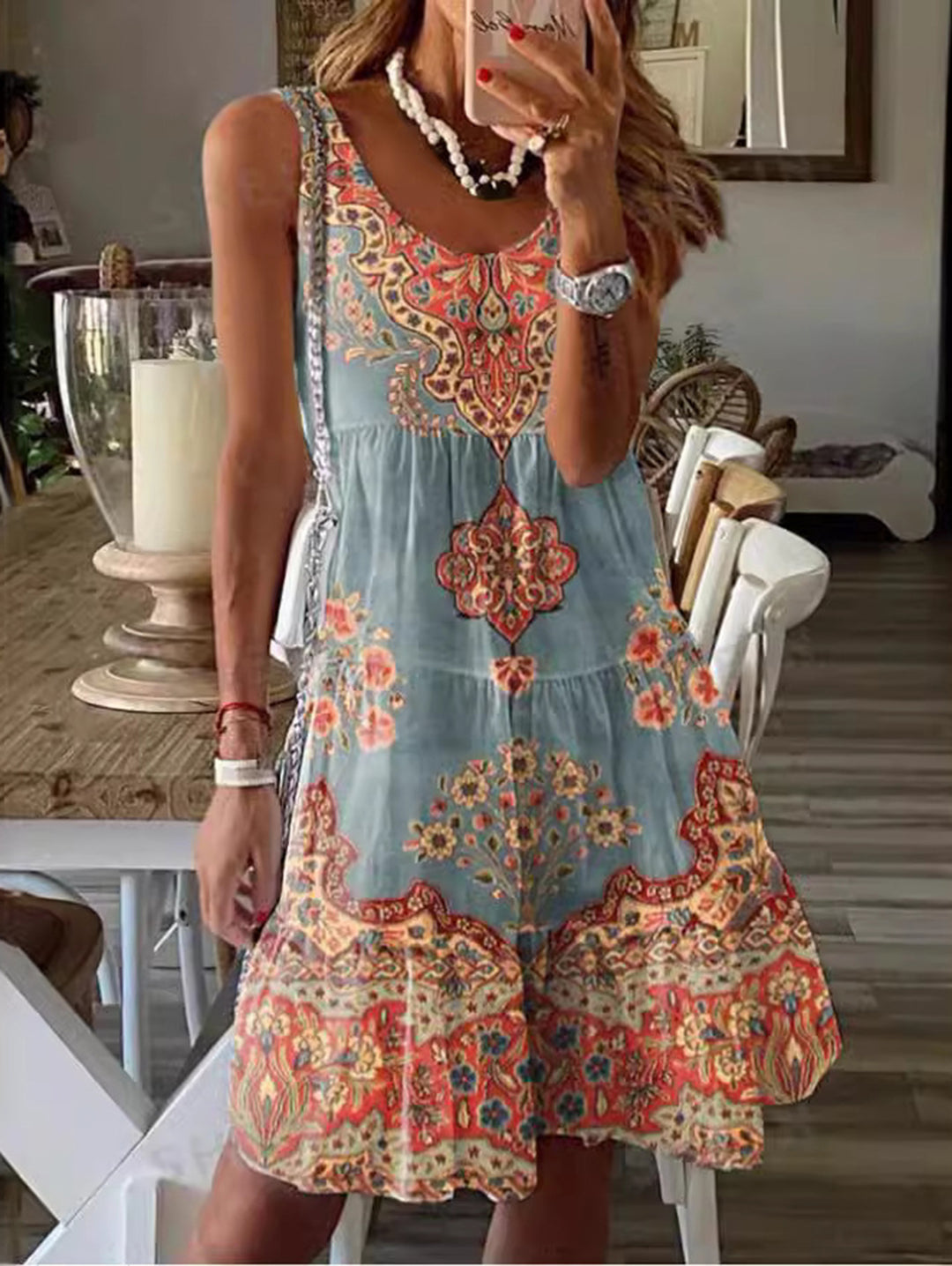 Boho Scoop Neck Floral Pattern Mini Dress Sleeveless