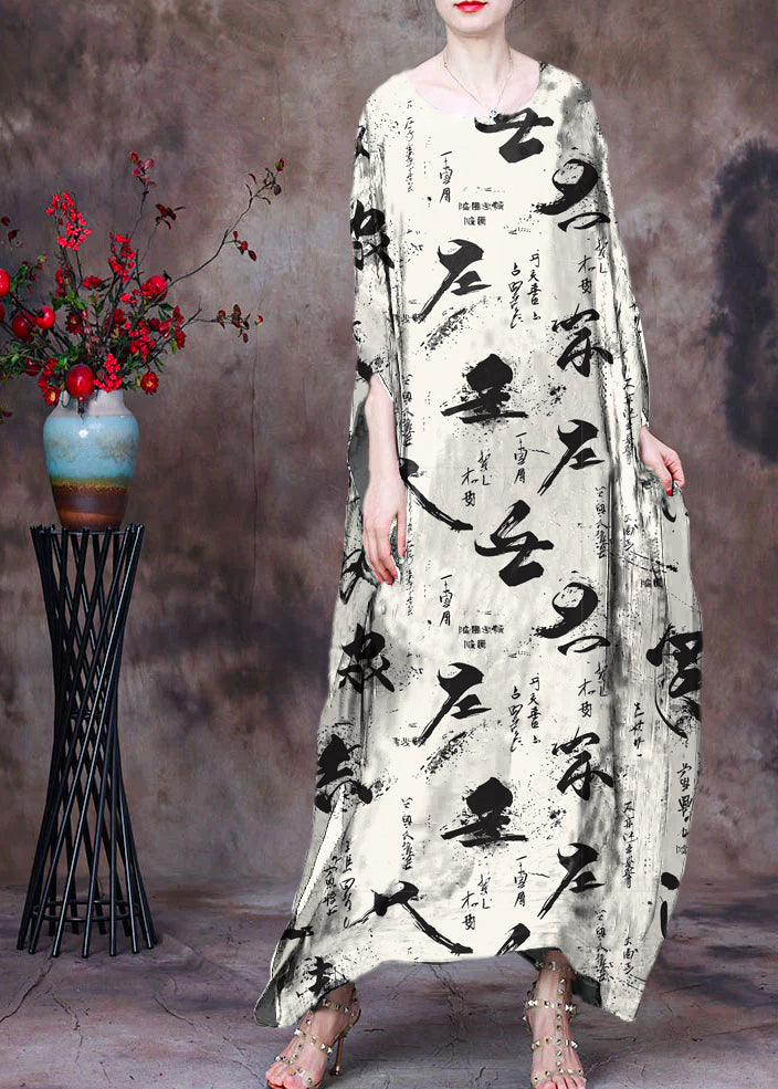 Loose Blue Flower O-Neck Asymmetrical Design Print Silk Beach Dress Gown Batwing Sleeve