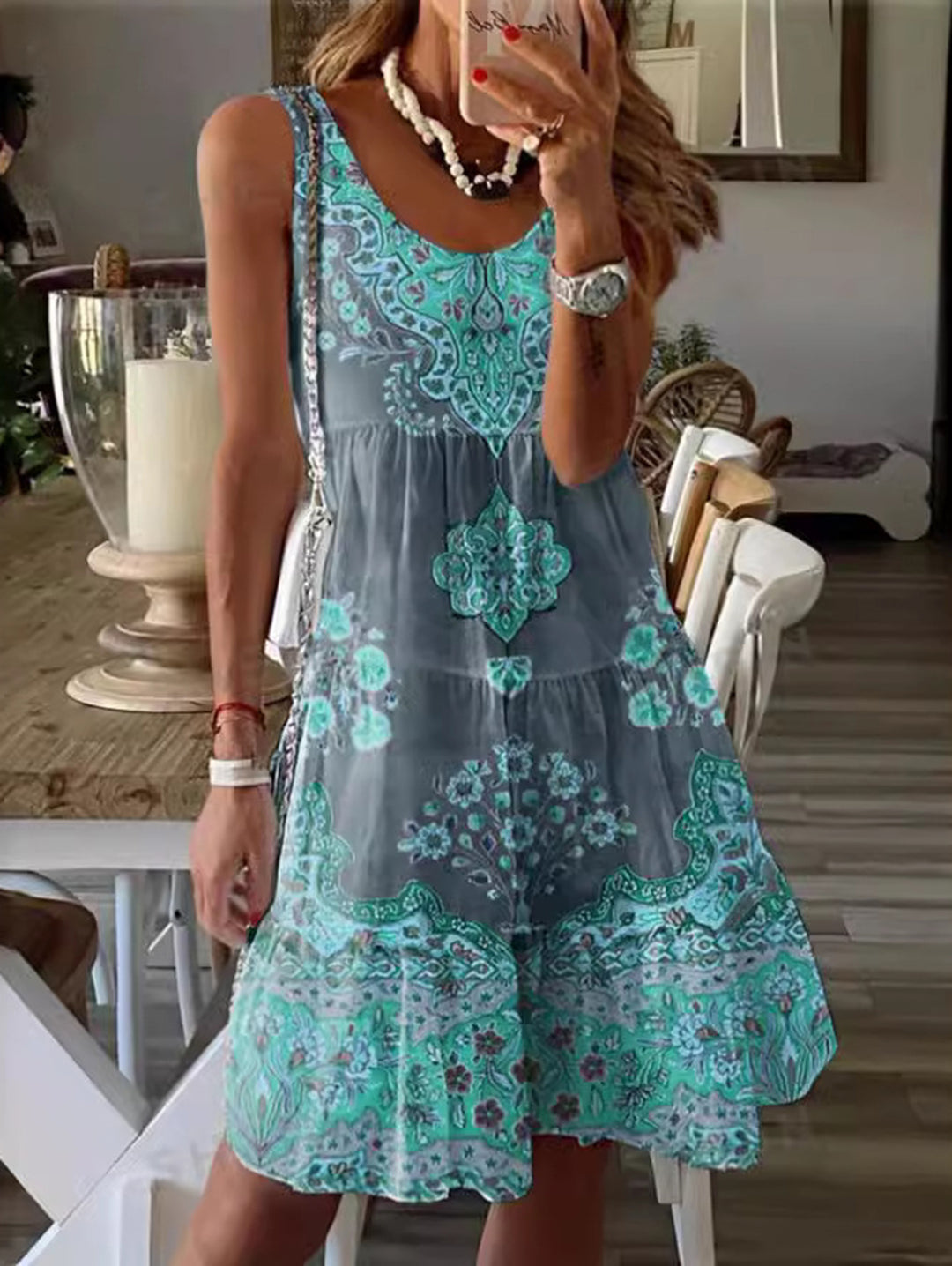 Boho Scoop Neck Floral Pattern Mini Dress Sleeveless