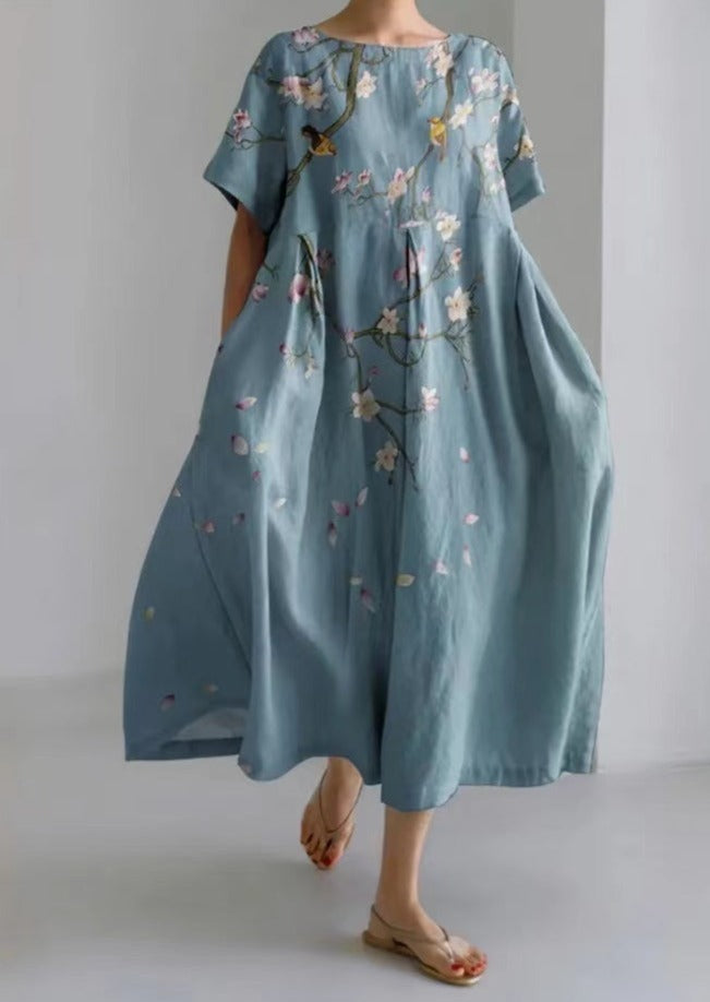 Blue Flower Birds Cotton Dresses Pockets Patchwork Summer