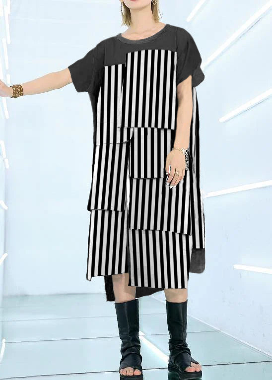 Black Strips Cotton Clothes For Women Asymmetric Daily Summer Dress