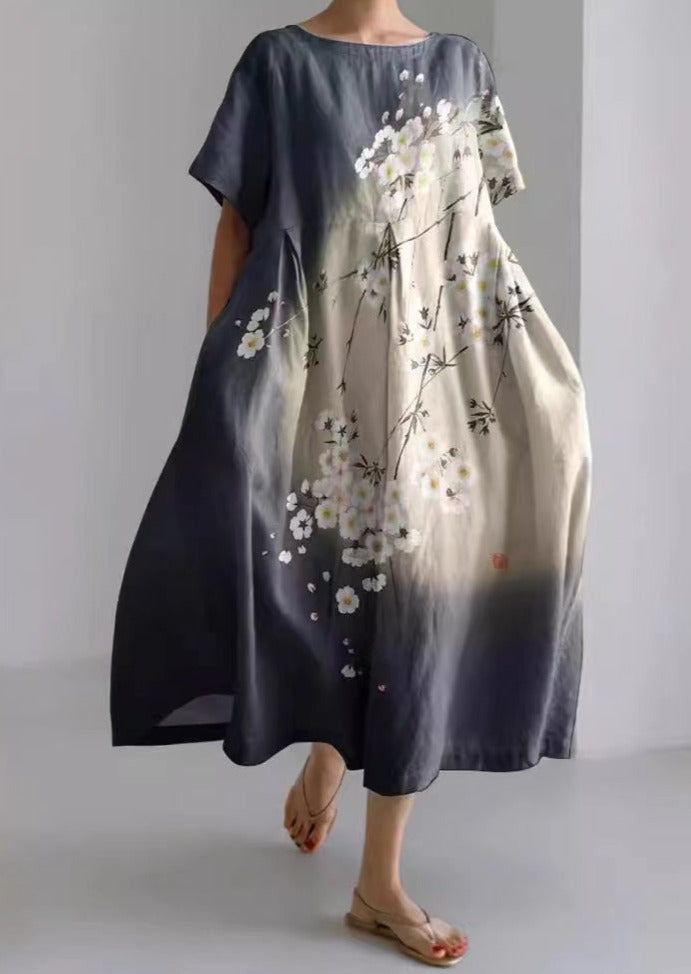 Gray Flower Cotton Dresses Pockets Patchwork Summer