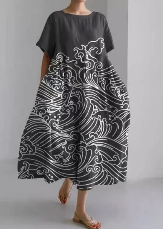 Gray Wave Cotton Dresses Pockets Patchwork Summer