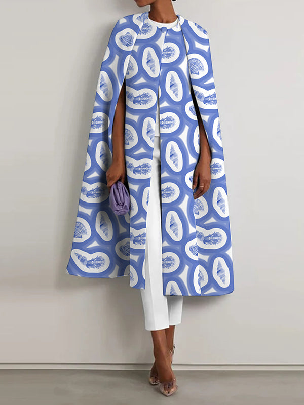 Loose Buttoned Printed Split-Front Split-Joint Round-Neck Cape Outerwear Cap Sleeve