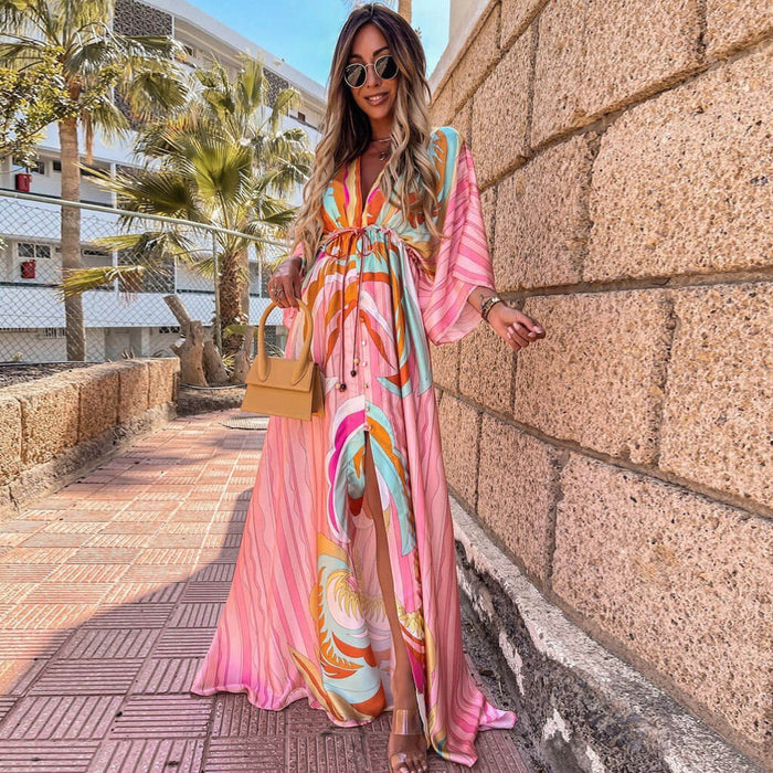 Pink Print Belted Button Down V Neck Maxi Dress