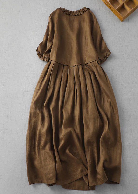 Fine Coffee V Neck Ruffled Patchwork Linen Dress Grace