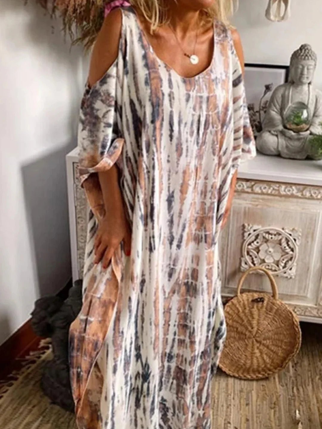 Casual Tie Dye Sleeve Loose Maxi Dress Short Sleeve