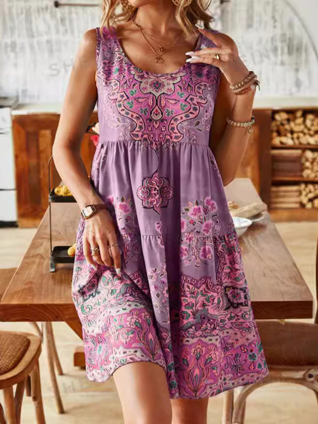 Boho Scoop Neck Floral Pattern Mini Dress Sleeveless