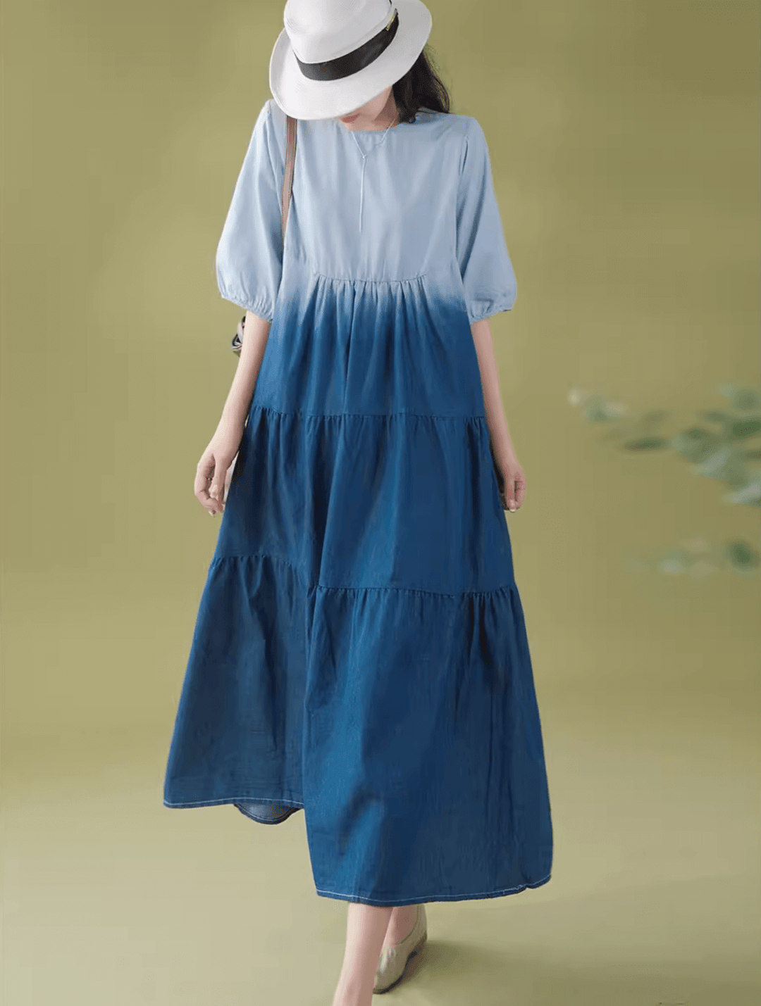 Cotton Round-Collar Loose Blue Dress