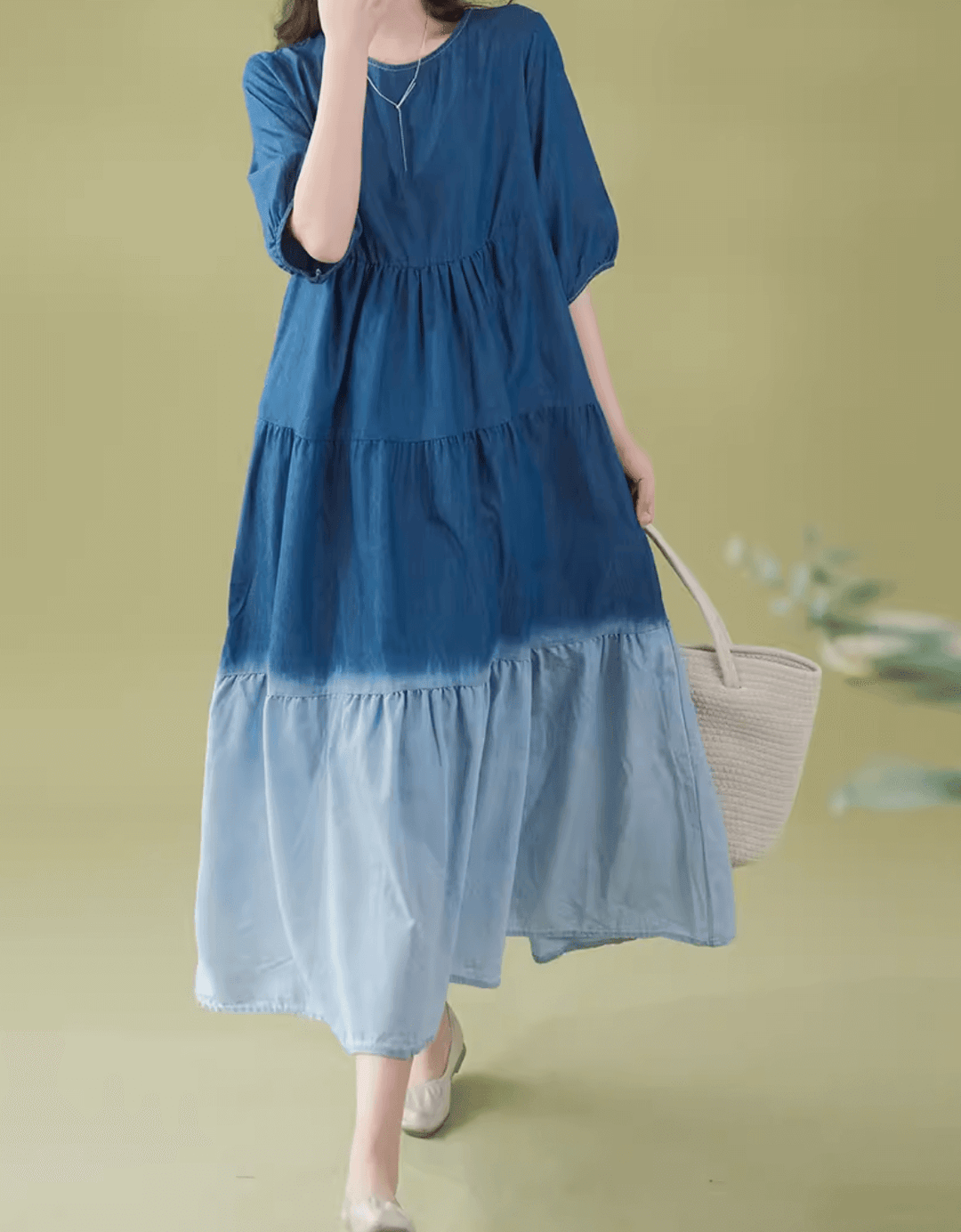 Cotton Round-Collar Loose Blue Dress