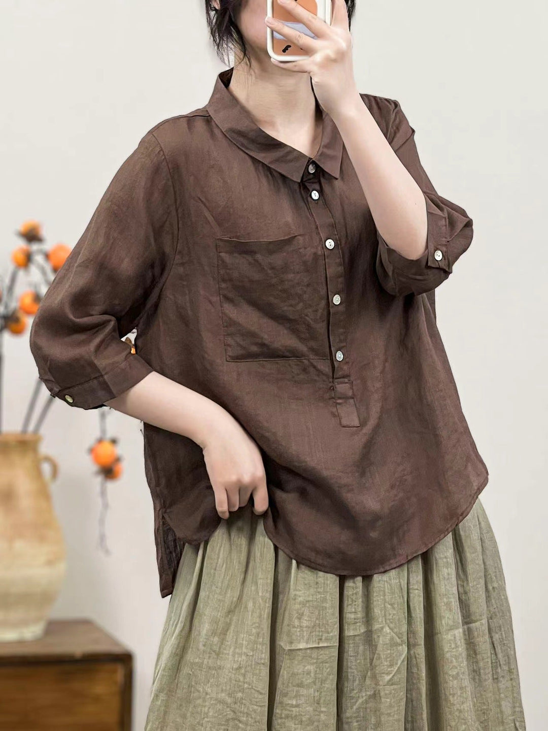 Summer Women Solid Color Retro Linen Shirt