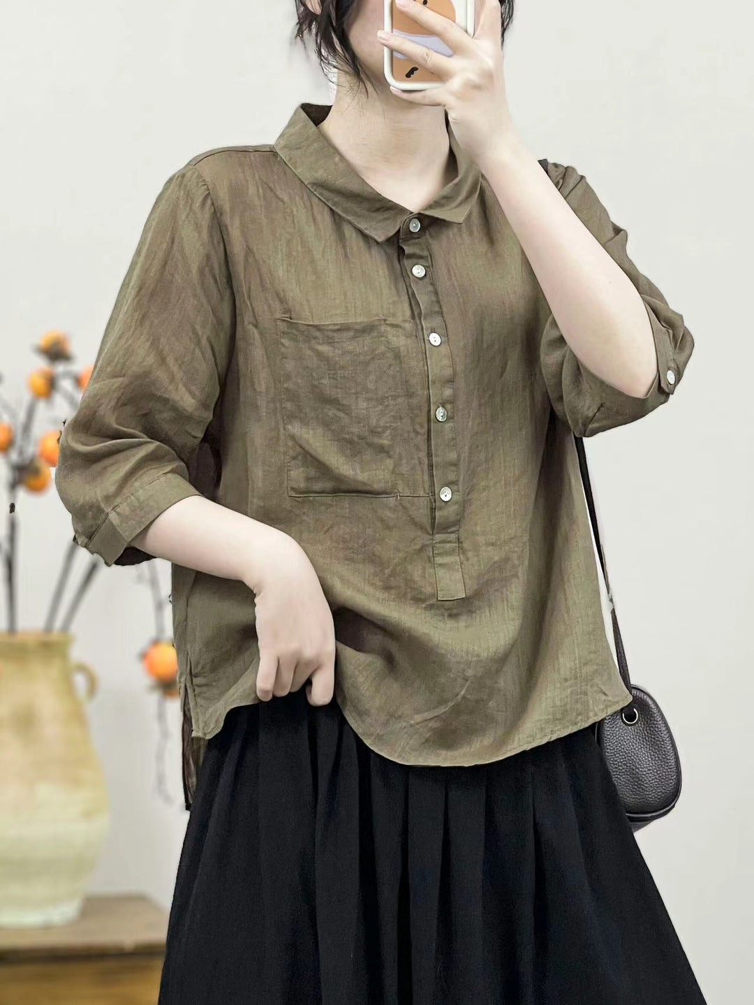 Summer Women Solid Color Retro Linen Shirt